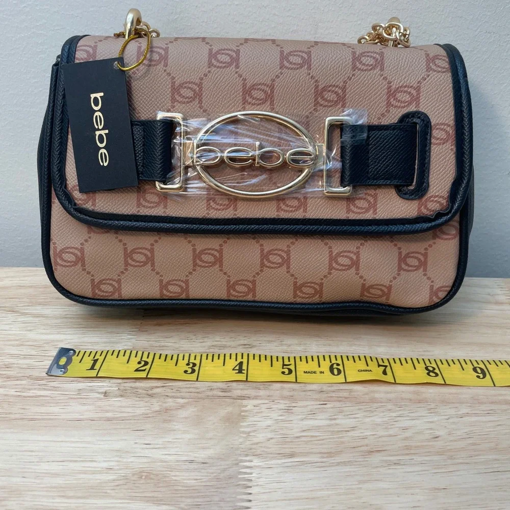 Bebe Monogram Crossbody Bag Tan‎ Black Gold Chain Strap Logo Shoulder Bag NEW
